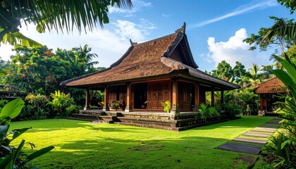 Fototapeta premium Traditional Javanese joglo house with green yard in daylight