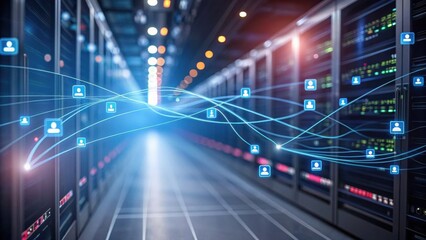 A data center corridor with illuminated servers and digital network connections symbolizing data flow and connectivity.