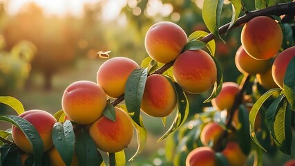 sunlit peaches on a branch in an orchard, ripe fruit in warm afternoon light
