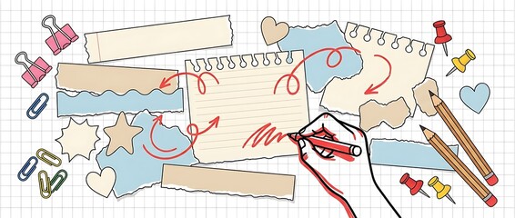 Hand Drawing Creative Notes and Scrapbook Elements on Grid Background