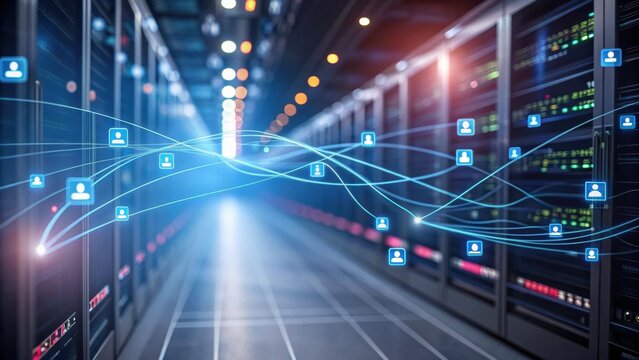 A data center corridor with illuminated servers and digital network connections symbolizing data flow and connectivity. - Powered by Adobe
