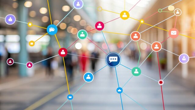 A visual representation of interconnected technology, illustrating communication and social networks in a busy environment. - Powered by Adobe