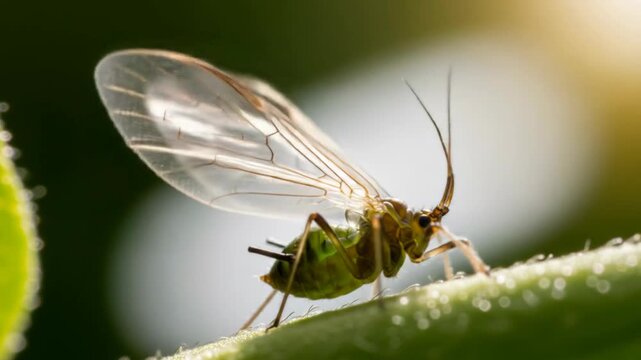 Winged Aphid on Plant Stem High-Resolution Macro Photograph Showcasing Intricate Details and Natural Light