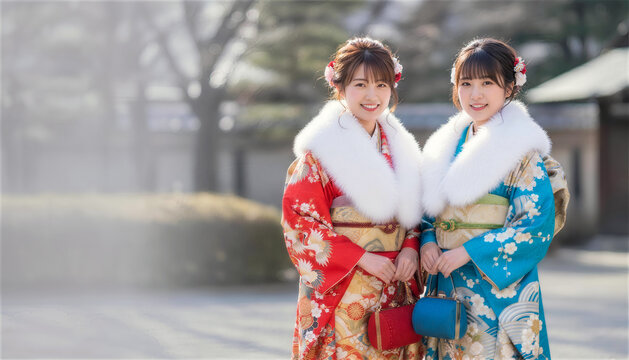 冬の庭園でファーを纏い並んで立つ振袖姿の女性二人