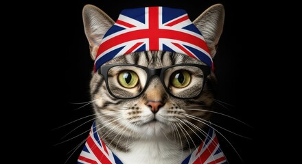 Whimsical tabby cat wearing british flag accessories and glasses against dark backdrop
