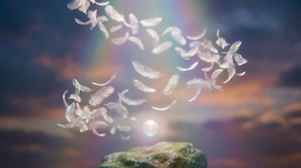 Title: Ethereal White Feathers Floating Over Rock with Rainbow and Sunset Sky