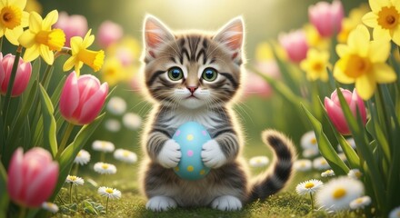 Whimsical Spring Portrait: A Cute Kitten with Easter Egg Amidst Blooming Flowers