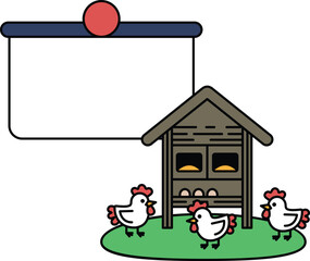 A white and black picture of three chickens and a chicken house © toonsteb