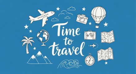 Whimsical travel themed design with airplane, world globe, and hot air balloon