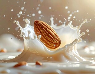 Close-up of almond falling into creamy liquid, creating a splash