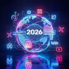 "Global Social Media Network Globe with 2026 and App Icons &mdash; Digital Connectivity and Social Trends"
