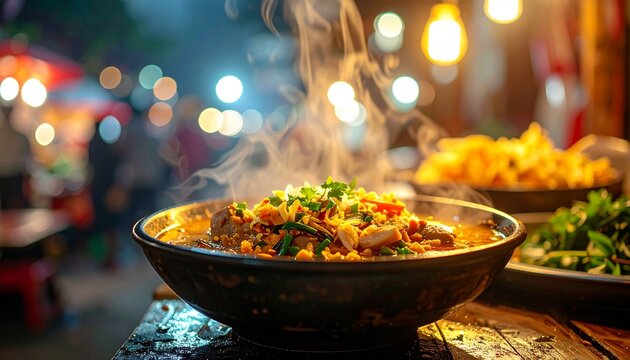 Bowl of wedang ronde on wooden table at night with warm street light
