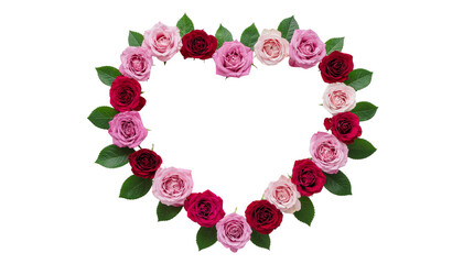Heart-shaped wreath of red and pink roses with green leaves on a soft background for Valentine&rsquo;s
