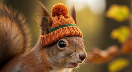 Whimsical woodland portrait of a squirrel wearing a colorful knitted hat in autumn ambiance