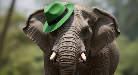 Whimsical wildlife: a majestic elephant donning a playful green hat image