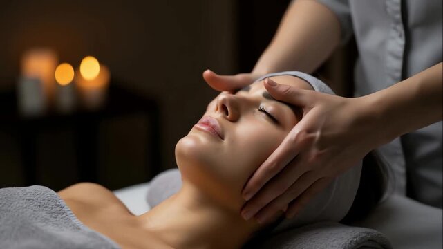 Woman receives a relaxing facial massage in a dim spa room with soft candlelight towels and serene decor as therapist uses gentle strokes to soothe skin concept of wellness and pampering
