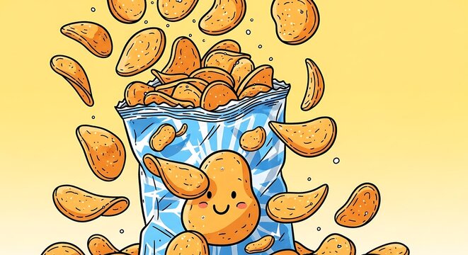 Cartoon Chips Spilling from Blue Bag.
