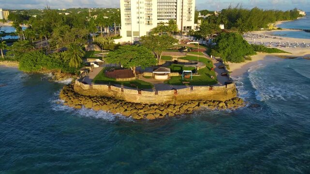 Charles Fort aerial view at sunset at Needham's Point in historic city of Bridgetown, Saint Michael, Barbados. Historic Bridgetown and its Garrison is a UNESCO World Heritage Site since 2011. 