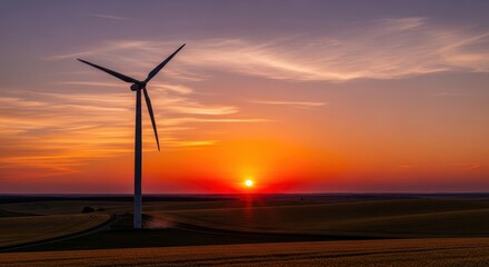 Wind turbine silhouetted against a vibrant sunset casting long shadows on the fields
