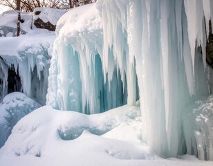 Close-up of cascading icy formations in a snowy, winter landscape