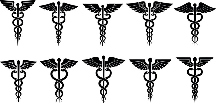 Set of black caduceus medical symbols with wings on isolated for healthcare and medicine
