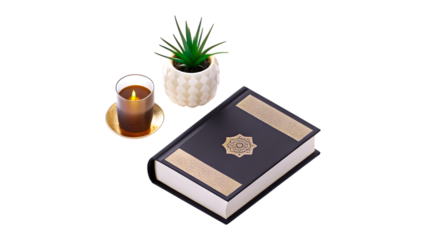 Quran book with candle and plant PNG transparent background