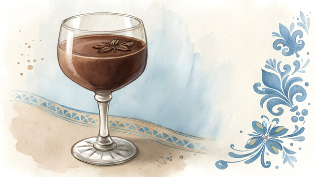 Wine glass filled with Hot Chocolate (19-1323 TCX) on Crown Blue (19-3920 TCX) background, evoking indulgent Mardi Gras spirit with copy space  