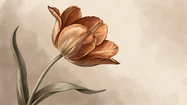 Bronze Brown tulip (18-0937 TCX) against soft taupe backdrop, symbolizing strength and stability with copy space  