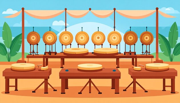 Flat vector Javanese gamelan ensemble with neatly arranged instruments