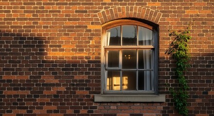 Window in a rustic brick wall illuminated by warm sunlight at the end of the day