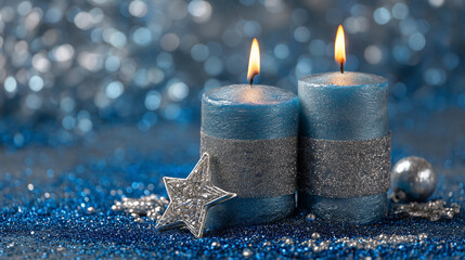 Two lit blue candles with glitter, star ornament, and bokeh background for Christmas and New Year.