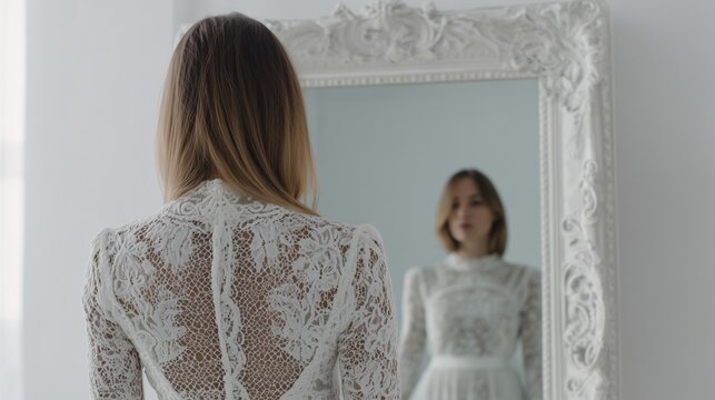 Close up girl trying white dress in front of mirror, white background,  wedding shopping concept