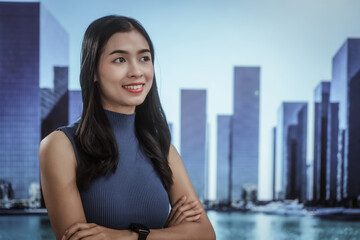 Confident businesswoman standing before modern city skyline, smiling with arms crossed, leadership, professional success, urban innovation, corporate confidence, smart city vision, contemporary.