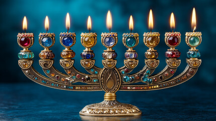 Ornate golden menorah with colorful gemstones, lit for Hanukkah celebration on blue background.