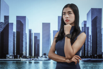 Confident businesswoman standing before modern city skyline, smiling with arms crossed, leadership, professional success, urban innovation, corporate confidence, smart city vision, contemporary.