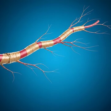 Charcot-Marie-Tooth Disease (CMT): A peripheral nerve bundle displaying irregularly thinned and dysfunctional myelin sheaths, visually resembling loosely wrapped electrical tape, causing signal distor