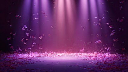Gentle pink petals drift down from soft purple spotlights onto a dark stage
