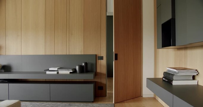 Minimalist living room with wooden wall and gray furniture. Luxury Modern House Interior with gray Bookshelf. Fashionable furniture. Minimalist Home Interior with modern shelves and book, wooden door