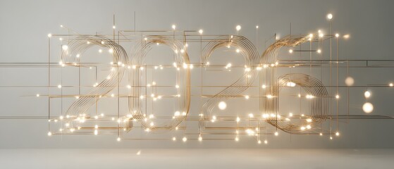 Glowing Wireframe 2026 New Year Number With Golden Fairy Lights