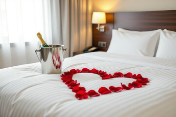 A romantic hotel room scene, featuring rose petals arranged in a heart shape on a bed, alongside a bottle of champagne in an ice bucket. The ambiance is one of celebration, love, and luxury.
