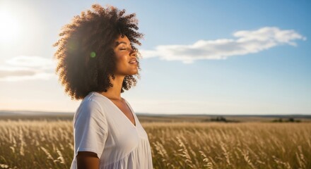 Woman basking in sunlight surrounded by a field of golden wheat at sundown evoking serenity and