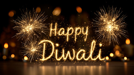 Happy Diwali Text Written with Sparklers and Fireworks on Dark Background