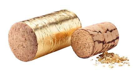 Closeup macro of a natural brown wine and champagne cork with a corkscrew isolated on a white background for a winery celebration