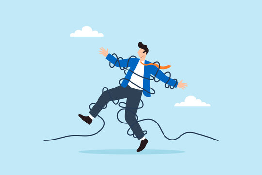 Flat illustration of businessman tangled in messy cable wire tripping and losing balance symbolizing workplace chaos confusion distraction and overwhelmed
