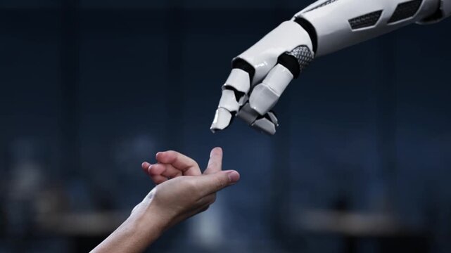 A robotic hand extends toward a human hand, symbolizing the intersection of artificial intelligence and human interaction in a sleek, modern workspace environment. Synapse