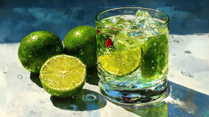 Fototapeta premium A hyper-realistic glass of sparkling water, condensation trickling, with a vibrant lime twist, on a pure white surface
