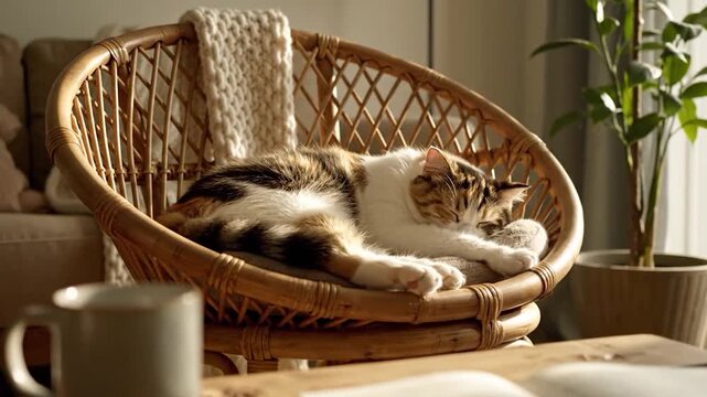 Cozy Cat Napping in a Wicker Chair, Relaxing at Home.