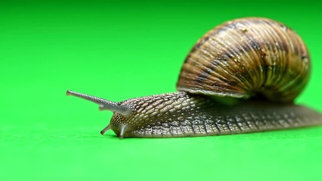 Close-up of a brown-shelled snail with extended eyestalks moving on a vibrant green surface