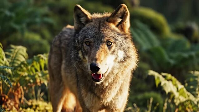 A majestic wolf stands alert in a lush forest, its fur illuminated by the golden sunlight.