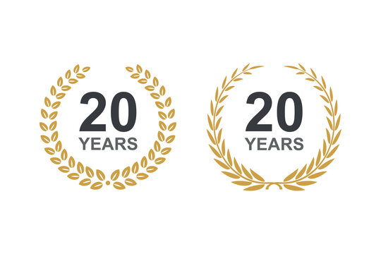 20th anniversary laurel wreath. 20 years anniversary floral laurel wreath. 20th Anniversary icon or logo with laurel wreath. 20 years celebration label